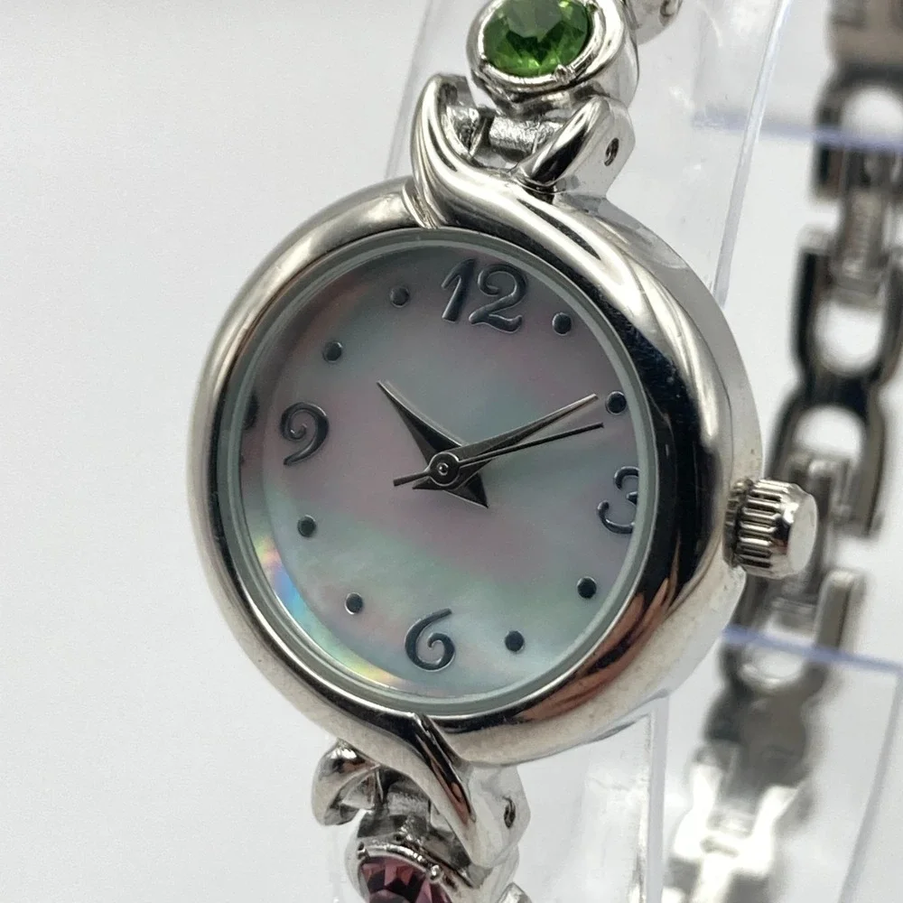 Modern Womens Watch 22mm Silver Tone Rainbow Crystals MOP Dial New Battery 6.75